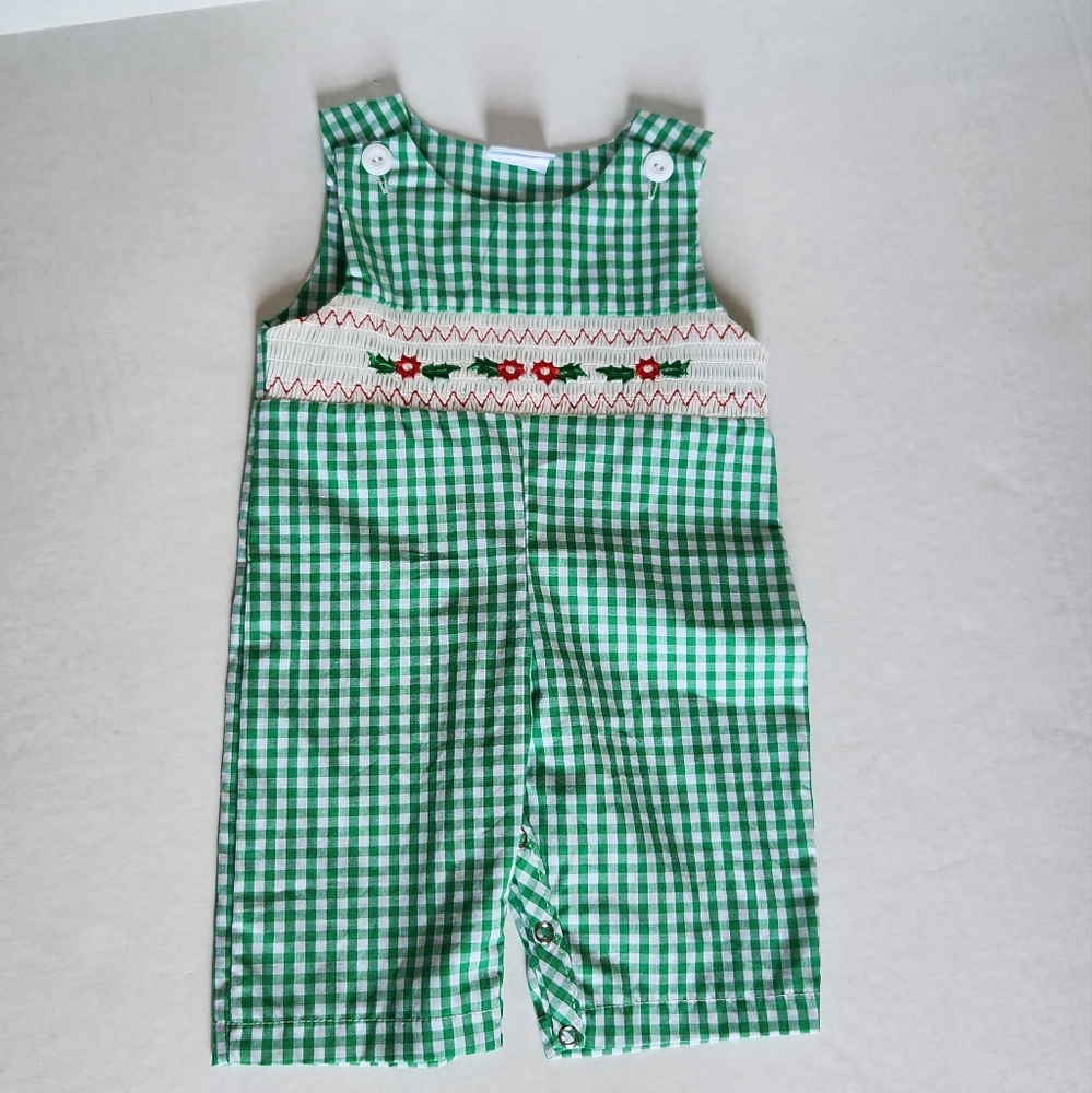 Christmas Smocked Longall 3M Holiday Unbranded Green Red Button Snap